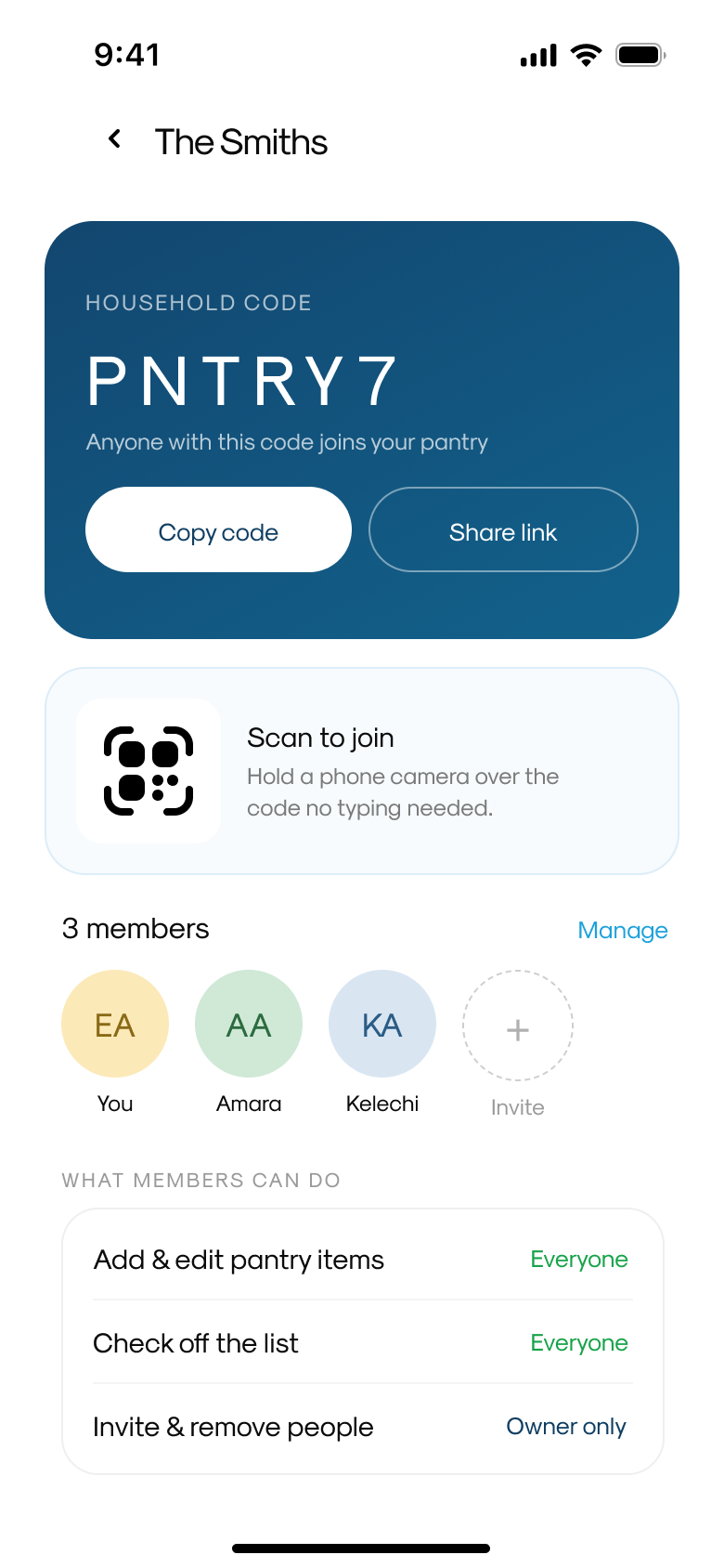 Invite code + QR join